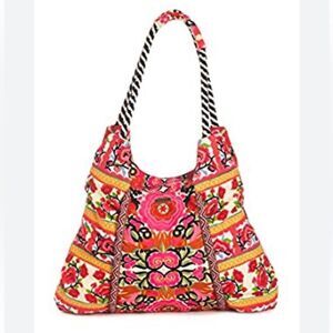 Rip Curl Vibrant Pink Red Embroidered Floral Soft Cotton Canvas Boho Tote Bag
